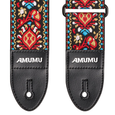 AMUMU Vintage Red Flower Guitar Strap β Embroidered Jacquard with Microfiber Leather Ends (2" Wide)-CO11J-RD-V